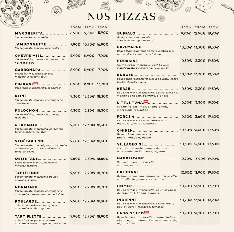 La carte imprimée de Pili Pizza, listant les pizzas et leurs prix en 20, 28 et 33 centimètres.